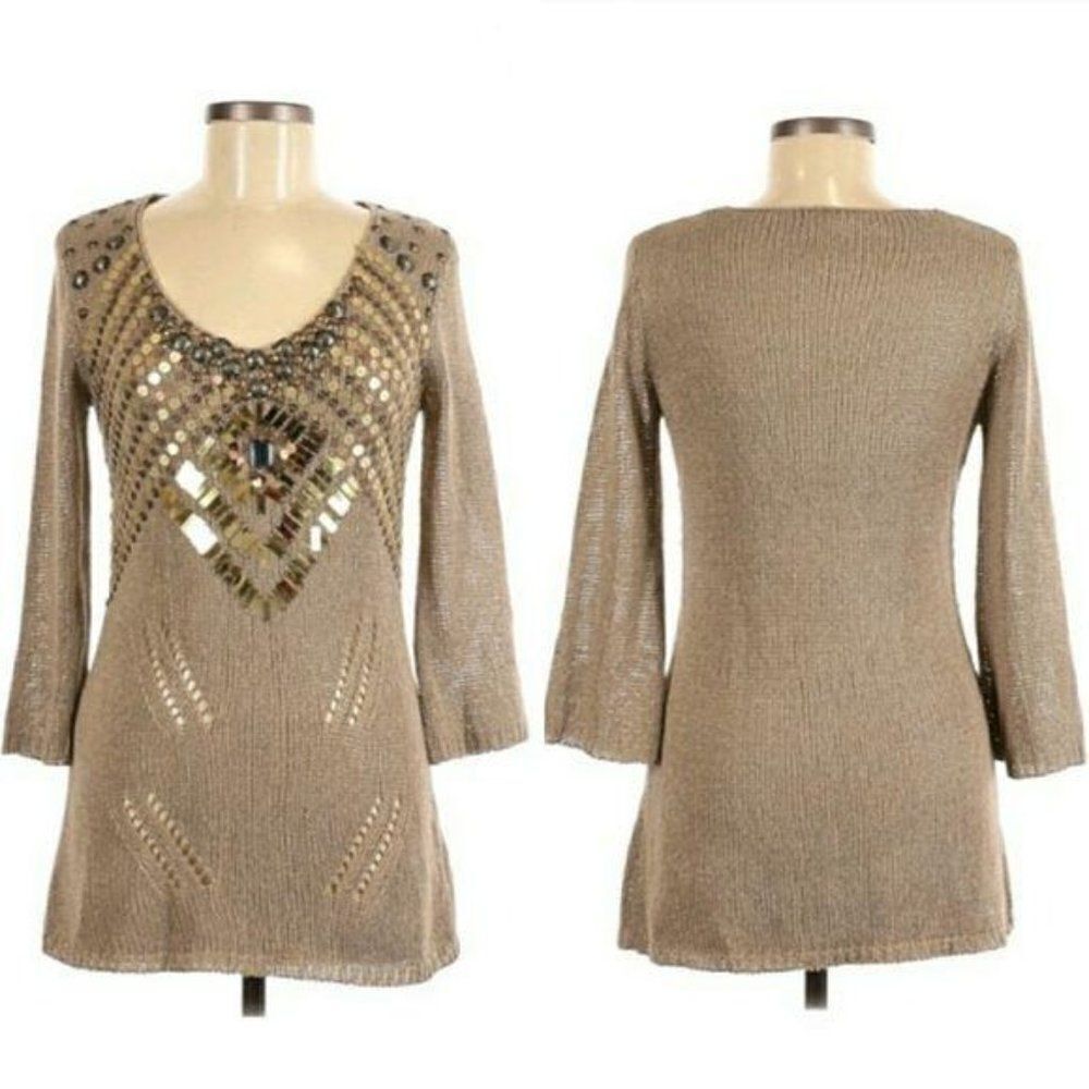 Vtg 90's Vertigo Paris Golden Tan Sequin Beaded V-neck Tunic Sweater‎ Sz M